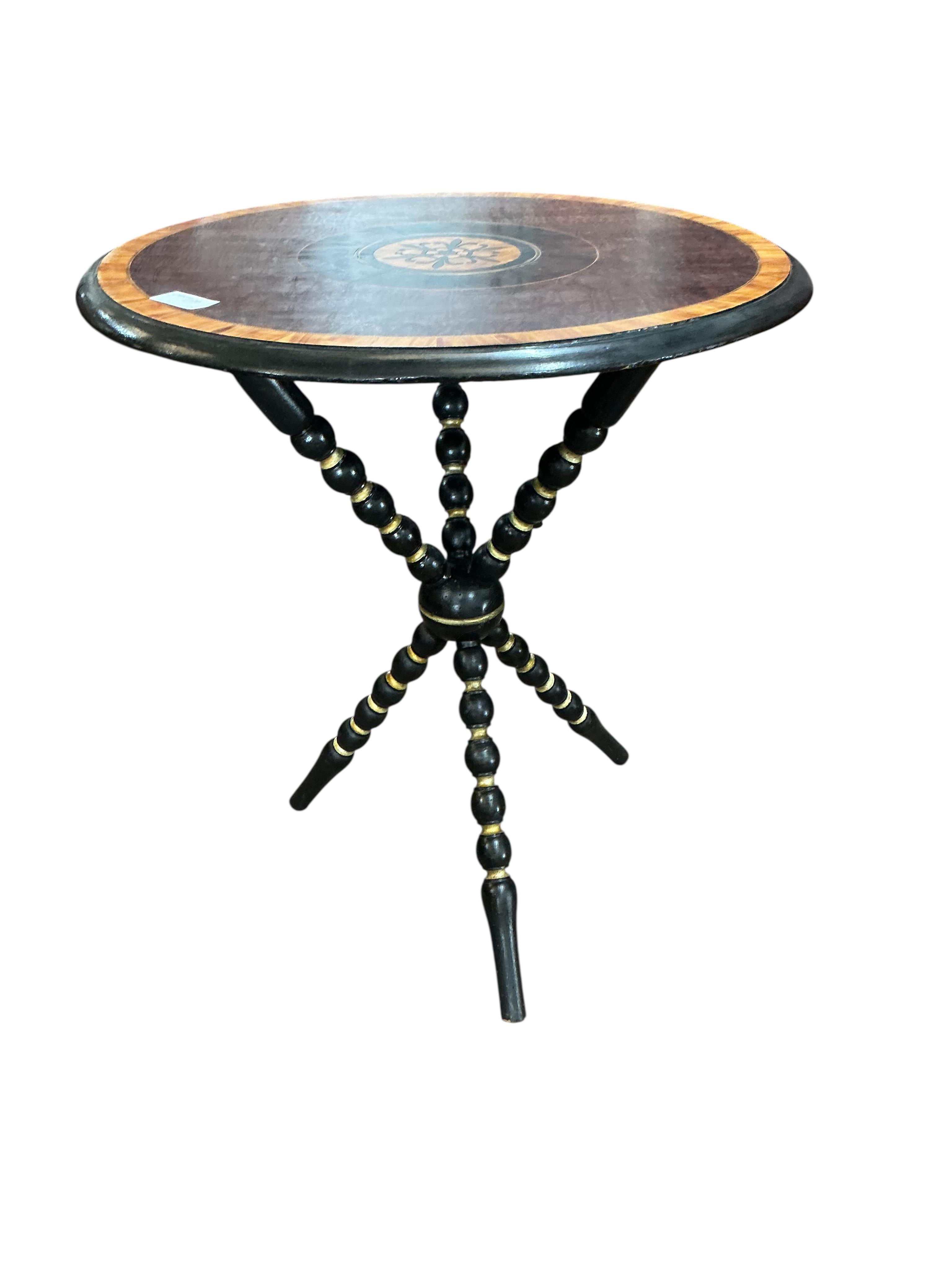 An early 19th century circular oak tripod wine table, diameter 36cm, height 64cm together with a carved step/stool, an inlaid table and one other